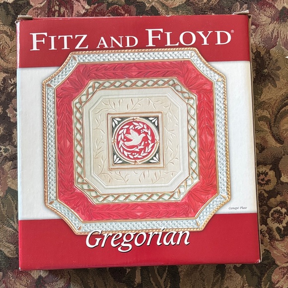 Fitz and Floyd Red Cream Gold Green Gregorian Canapé Plate
